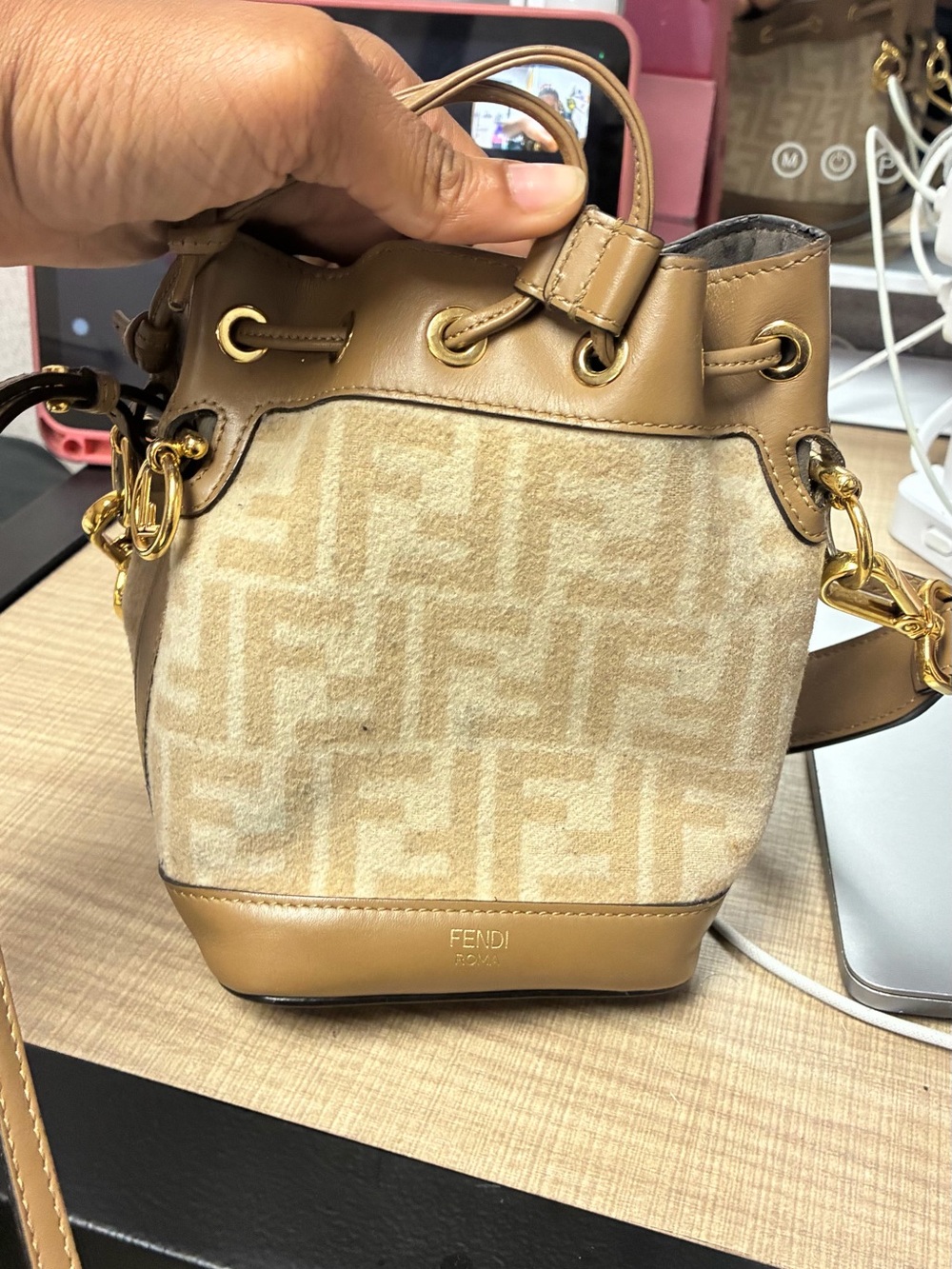 Fendi Beige & Tan Monogram Mini Bucket Bag